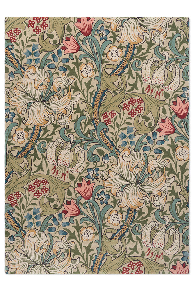 Morris & Co Golden Lily Green - Red 130107 Rug