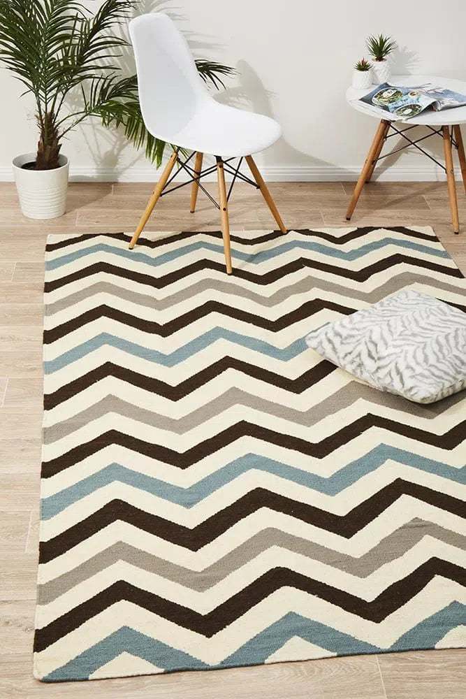 Flat Weave Chevron Design Blue Brown Rug