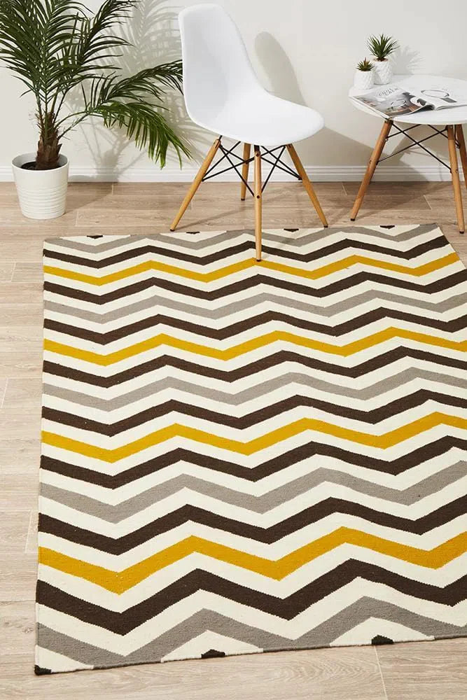 Flat Weave Design Yellow Brown Rug