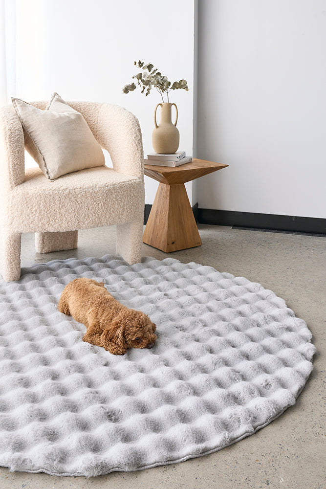 Bubble Silver Round Machine Washable Rug